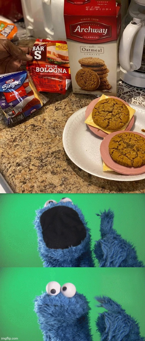 Cursed oatmeal cookie sandwiches | image tagged in cookie monster wait what,cookies,cookie,sandwich,cursed image,memes | made w/ Imgflip meme maker