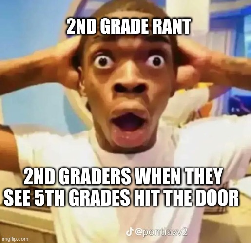 2nd grade rant | 2ND GRADE RANT; 2ND GRADERS WHEN THEY SEE 5TH GRADES HIT THE DOOR | image tagged in shocked black guy,shocked face | made w/ Imgflip meme maker