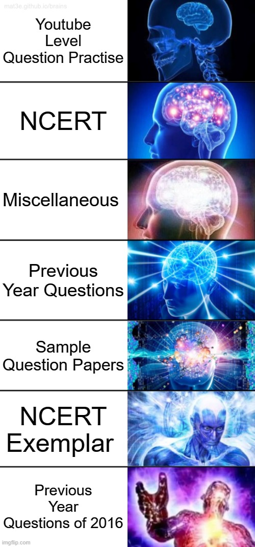 Practicing Maths for 12th Board Exams | Youtube Level Question Practise; NCERT; Miscellaneous; Previous Year Questions; Sample Question Papers; NCERT Exemplar; Previous Year Questions of 2016 | image tagged in 7-tier expanding brain | made w/ Imgflip meme maker