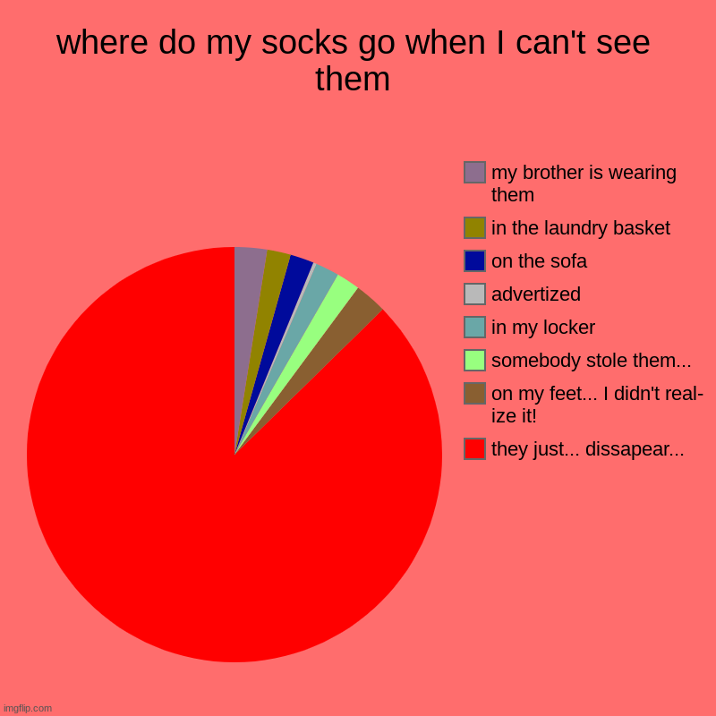 Where did my socks go? | where do my socks go when I can't see them | they just... dissapear..., on my feet... I didn't real- ize it!, somebody stole them..., in my  | image tagged in charts,pie charts | made w/ Imgflip chart maker