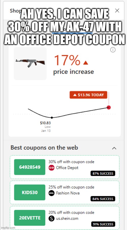 Bonus points if you guess what website this is from! | AH YES, I CAN SAVE 30% OFF MY AK-47 WITH AN OFFICE DEPOT COUPON | image tagged in ak47,guns,funny,coupon | made w/ Imgflip meme maker