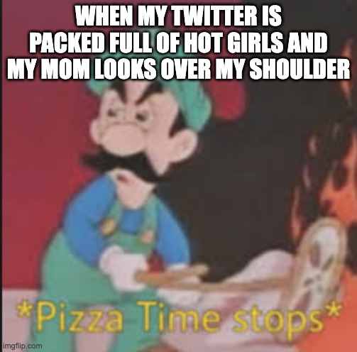 Pizza Time Stops | WHEN MY TWITTER IS PACKED FULL OF HOT GIRLS AND MY MOM LOOKS OVER MY SHOULDER | image tagged in pizza time stops,funny | made w/ Imgflip meme maker
