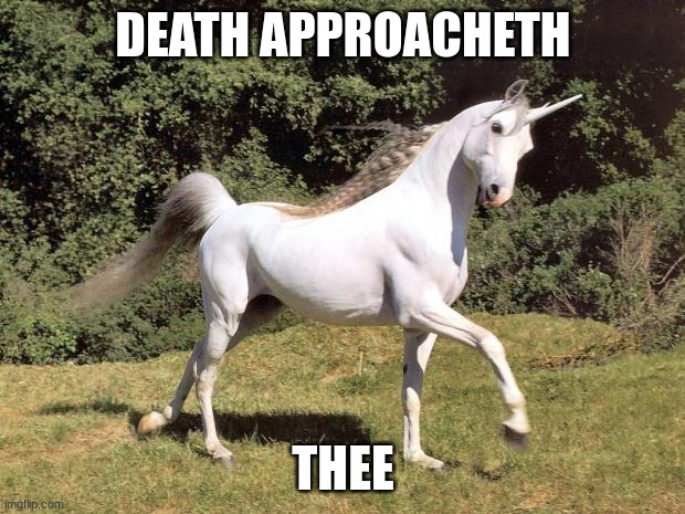 Unicorns | DEATH APPROACHETH THEE | image tagged in unicorns | made w/ Imgflip meme maker