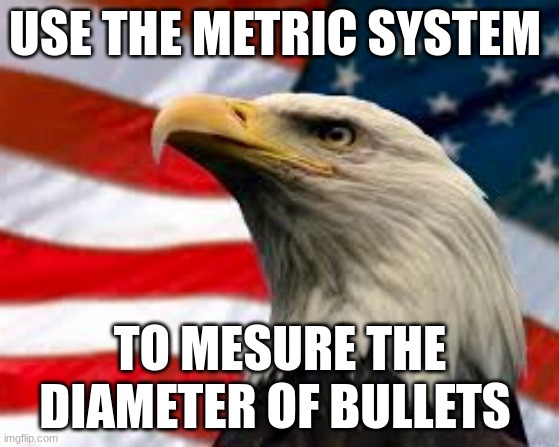 Idk | USE THE METRIC SYSTEM; TO MESURE THE DIAMETER OF BULLETS | image tagged in murica patriotic eagle | made w/ Imgflip meme maker
