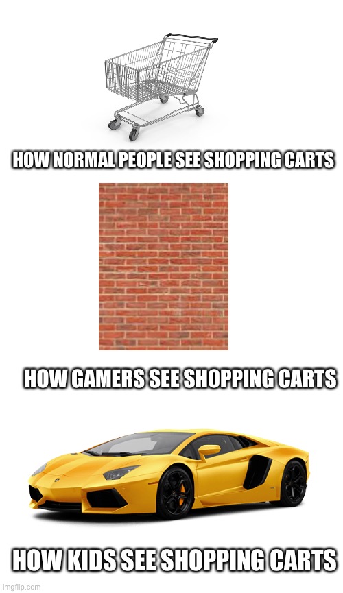 Shopping carts | HOW NORMAL PEOPLE SEE SHOPPING CARTS; HOW GAMERS SEE SHOPPING CARTS; HOW KIDS SEE SHOPPING CARTS | image tagged in shopping cart | made w/ Imgflip meme maker