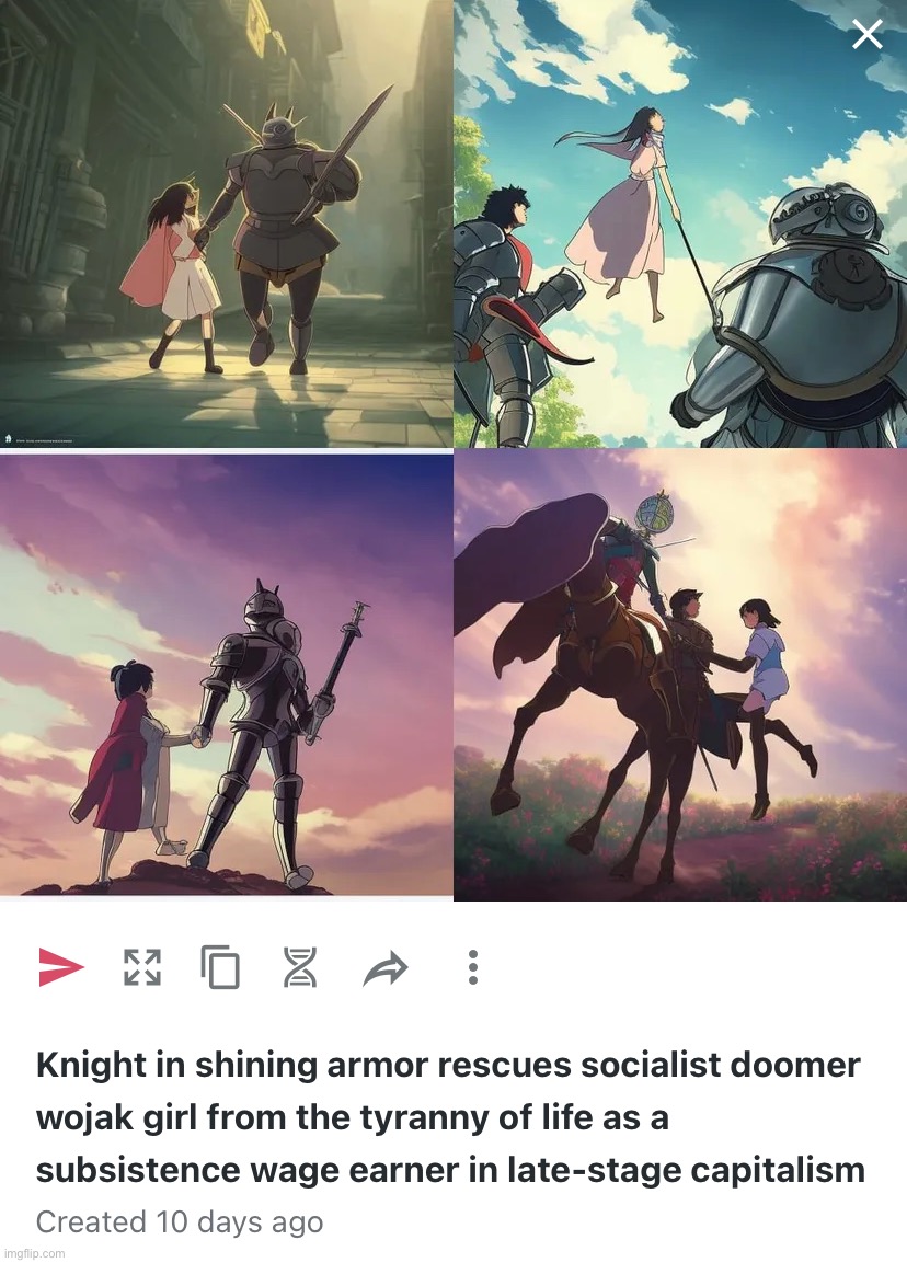 Knight in shining armor rescues socialist doomer wojak girl | image tagged in knight in shining armor rescues socialist doomer wojak girl | made w/ Imgflip meme maker