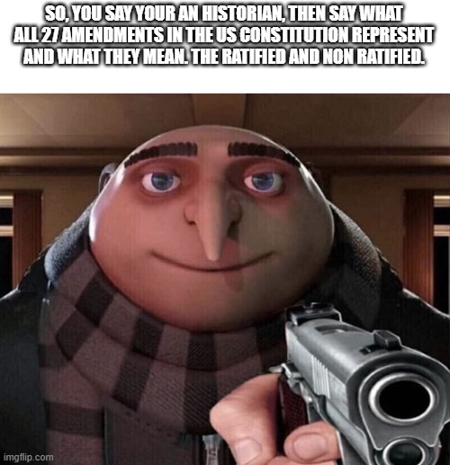 Gru Gun | SO, YOU SAY YOUR AN HISTORIAN, THEN SAY WHAT ALL 27 AMENDMENTS IN THE US CONSTITUTION REPRESENT AND WHAT THEY MEAN. THE RATIFIED AND NON RATIFIED. | image tagged in gru gun | made w/ Imgflip meme maker