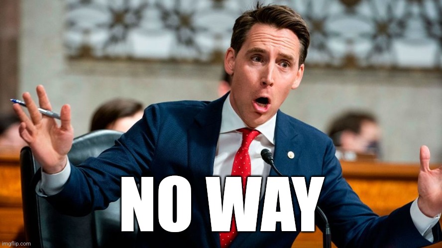 Josh Hawley saying something stupid through his big mouth | NO WAY | image tagged in josh hawley saying something stupid through his big mouth | made w/ Imgflip meme maker