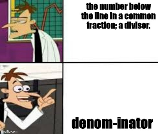 Dr doofenshmirtz | the number below the line in a common fraction; a divisor. denom-inator | image tagged in dr doofenshmirtz,memes | made w/ Imgflip meme maker