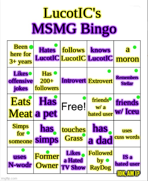 LucotIC's MS_Memer_Group Bingo | IDK, AM I? | image tagged in lucotic's ms_memer_group bingo | made w/ Imgflip meme maker