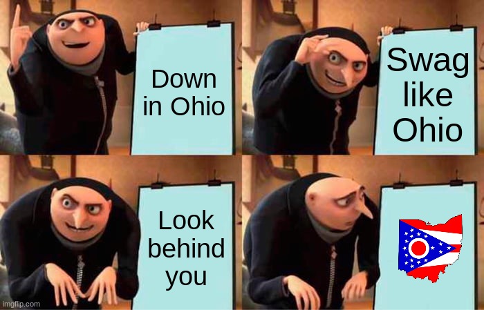Gru's Plan | Down in Ohio; Swag like Ohio; Look behind you | image tagged in memes,gru's plan | made w/ Imgflip meme maker