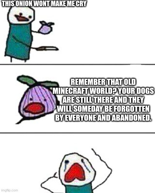 this onion won't make me cry | THIS ONION WONT MAKE ME CRY; REMEMBER THAT OLD MINECRAFT WORLD? YOUR DOGS ARE STILL THERE AND THEY WILL SOMEDAY BE FORGOTTEN BY EVERYONE AND ABANDONED. | image tagged in this onion won't make me cry | made w/ Imgflip meme maker