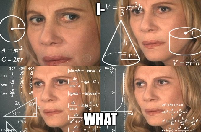 I- WHAT | image tagged in calculating meme | made w/ Imgflip meme maker