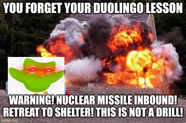 don't forget your duolingo lesson! | YOU FORGET YOUR DUOLINGO LESSON; WARNING! NUCLEAR MISSILE INBOUND! RETREAT TO SHELTER! THIS IS NOT A DRILL! | image tagged in exploding house | made w/ Imgflip meme maker