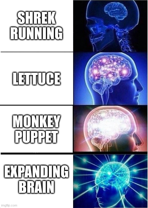 Expanding Brain | SHREK RUNNING; LETTUCE; MONKEY PUPPET; EXPANDING BRAIN | image tagged in memes,expanding brain | made w/ Imgflip meme maker