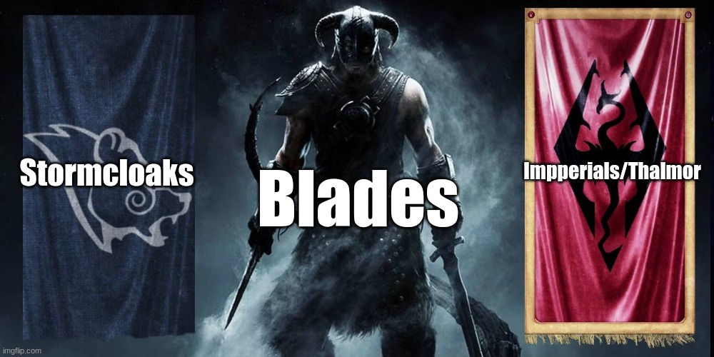 Which side did/would you choose? | Stormcloaks; Impperials/Thalmor; Blades | image tagged in skyrim civil war | made w/ Imgflip meme maker