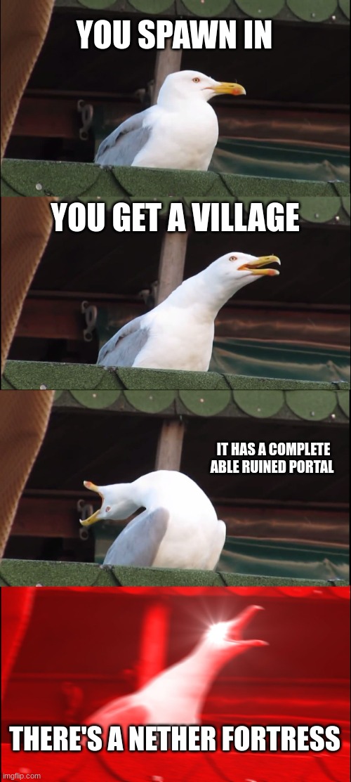 Inhaling Seagull | YOU SPAWN IN; YOU GET A VILLAGE; IT HAS A COMPLETE ABLE RUINED PORTAL; THERE'S A NETHER FORTRESS | image tagged in memes,inhaling seagull | made w/ Imgflip meme maker