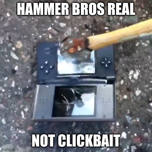 HAMMER BROS | HAMMER BROS REAL; NOT CLICKBAIT | image tagged in destroy break hammer nintendo ds | made w/ Imgflip meme maker