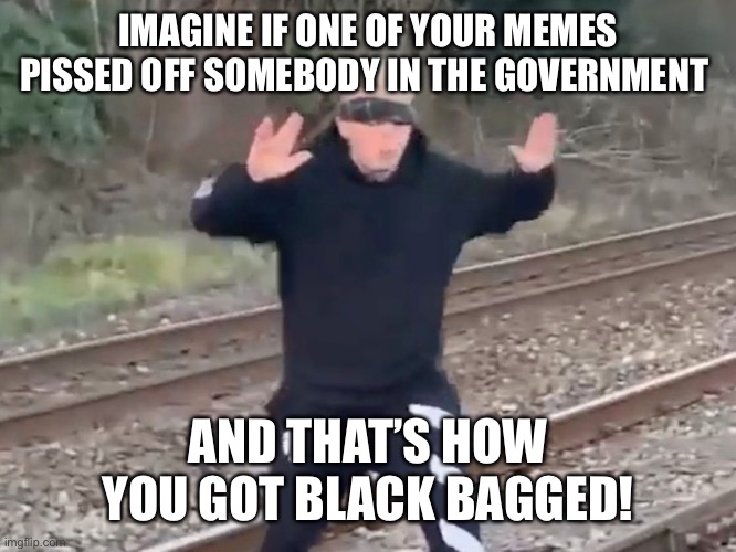 guy walking around blindfolded | IMAGINE IF ONE OF YOUR MEMES PISSED OFF SOMEBODY IN THE GOVERNMENT; AND THAT’S HOW YOU GOT BLACK BAGGED! | image tagged in guy walking around blindfolded | made w/ Imgflip meme maker