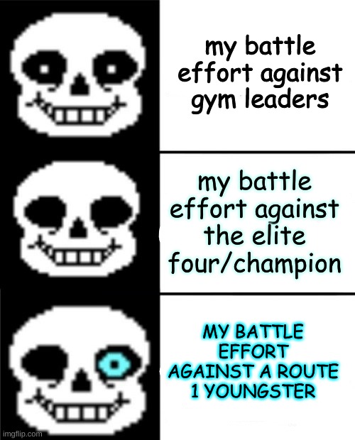 sans | my battle effort against gym leaders; my battle effort against the elite four/champion; MY BATTLE EFFORT AGAINST A ROUTE 1 YOUNGSTER | image tagged in sans | made w/ Imgflip meme maker