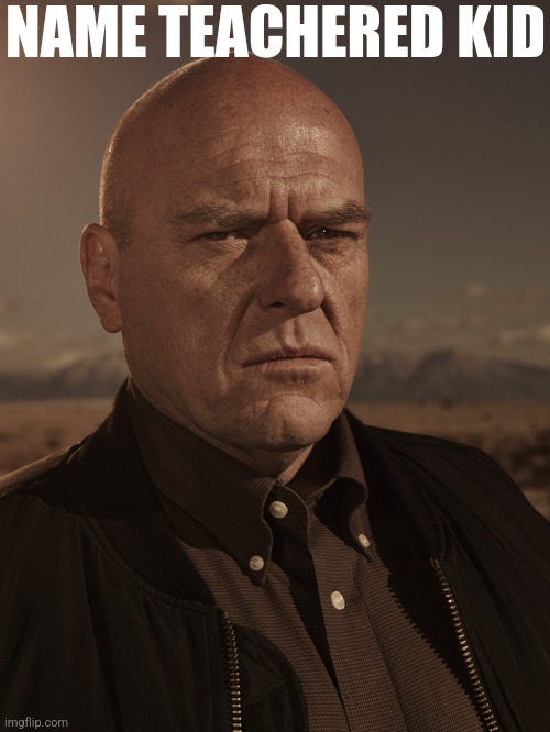 Hank Schrader - Breaking Bad - Dean Norris | NAME TEACHERED KID | image tagged in hank schrader - breaking bad - dean norris | made w/ Imgflip meme maker