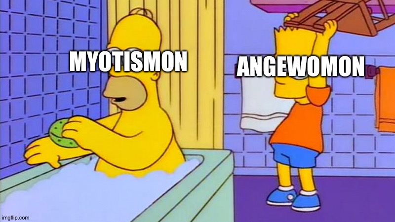 bart hitting homer with a chair | ANGEWOMON; MYOTISMON | image tagged in bart hitting homer with a chair | made w/ Imgflip meme maker