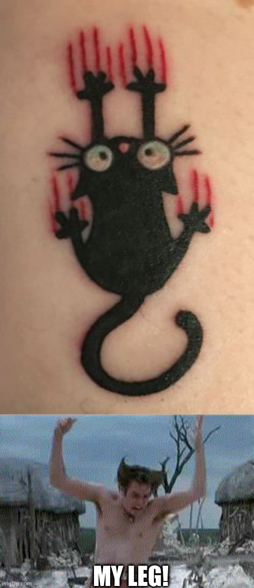 Ouch | MY LEG! | image tagged in arrows in the knees,cat,tattoo | made w/ Imgflip meme maker