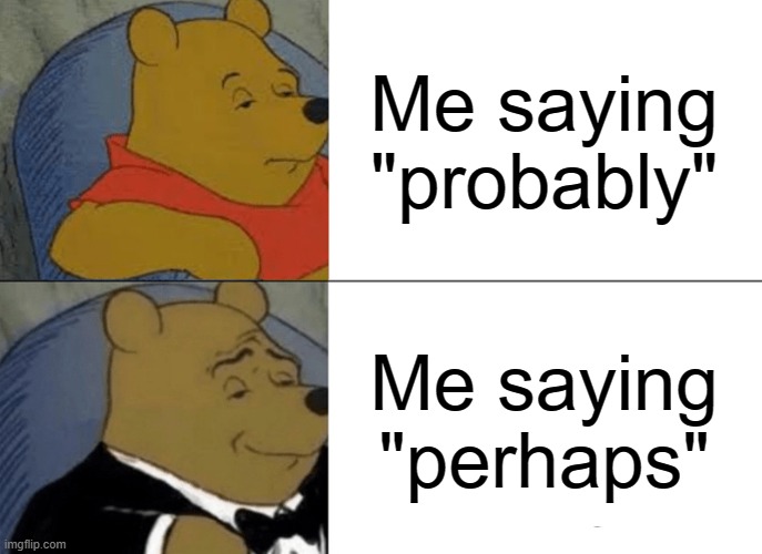 Tuxedo Winnie The Pooh Meme | Me saying "probably"; Me saying "perhaps" | image tagged in memes,tuxedo winnie the pooh | made w/ Imgflip meme maker