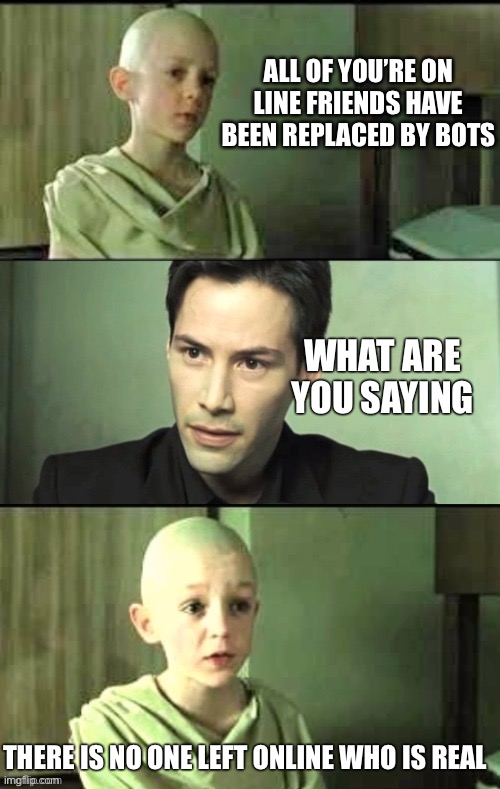 Only try to realize the truth | ALL OF YOU’RE ON LINE FRIENDS HAVE BEEN REPLACED BY BOTS; WHAT ARE YOU SAYING; THERE IS NO ONE LEFT ONLINE WHO IS REAL | image tagged in only try to realize the truth | made w/ Imgflip meme maker