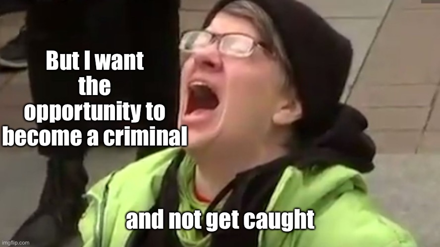 Screaming Liberal  | But I want the opportunity to become a criminal and not get caught | image tagged in screaming liberal | made w/ Imgflip meme maker