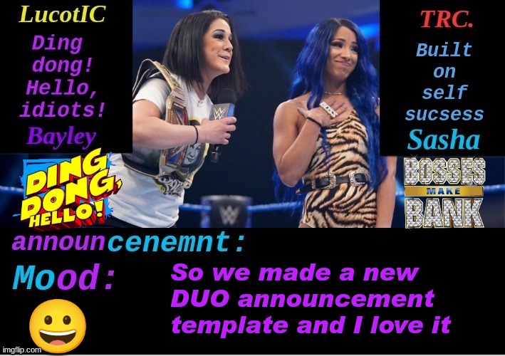 LucotIC and TRC: Boss 'n' Hug Connection DUO announcement temp | So we made a new DUO announcement template and I love it; 😀 | image tagged in lucotic and trc boss 'n' hug connection duo announcement temp | made w/ Imgflip meme maker