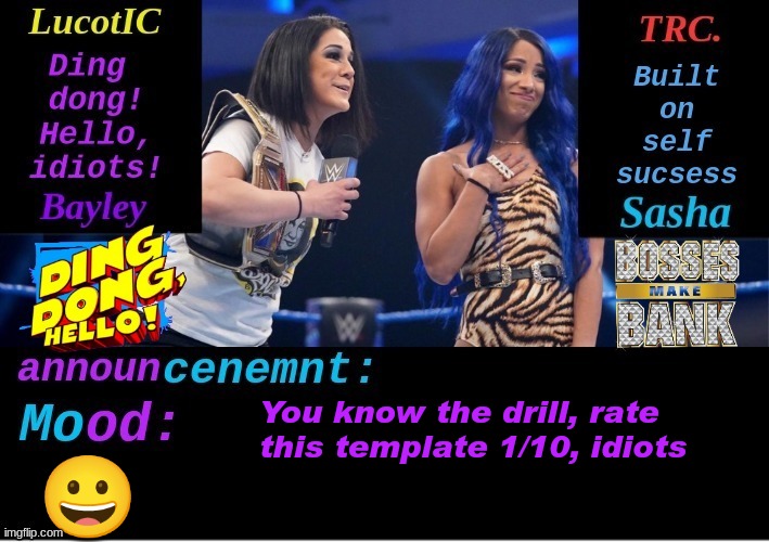 the only flaw is the extremely long template name | You know the drill, rate this template 1/10, idiots; 😀 | image tagged in lucotic and trc boss 'n' hug connection duo announcement temp | made w/ Imgflip meme maker