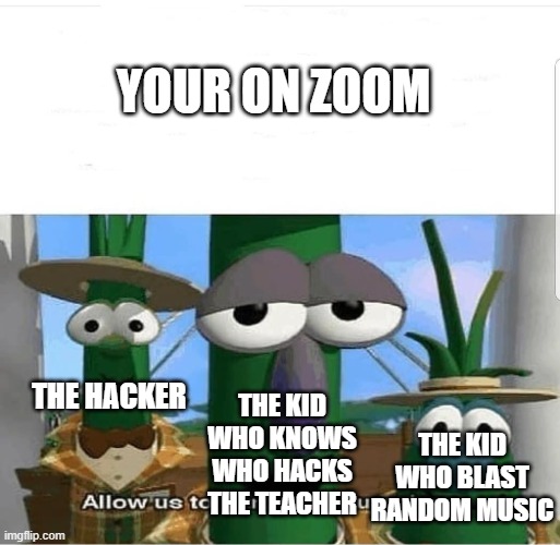 this is goofy | YOUR ON ZOOM; THE HACKER; THE KID WHO KNOWS WHO HACKS THE TEACHER; THE KID WHO BLAST RANDOM MUSIC | image tagged in allow us to introduce ourselves | made w/ Imgflip meme maker