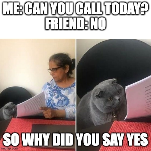 A Woman That Show A Cat His Test | ME: CAN YOU CALL TODAY?
FRIEND: NO; SO WHY DID YOU SAY YES | image tagged in a woman that show a cat his test | made w/ Imgflip meme maker
