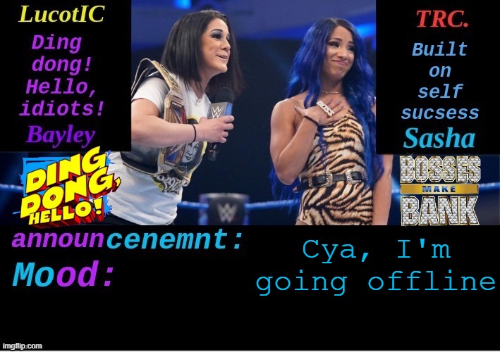 LucotIC and TRC: Boss 'n' Hug Connection DUO announcement temp | Cya, I'm going offline | image tagged in lucotic and trc boss 'n' hug connection duo announcement temp | made w/ Imgflip meme maker