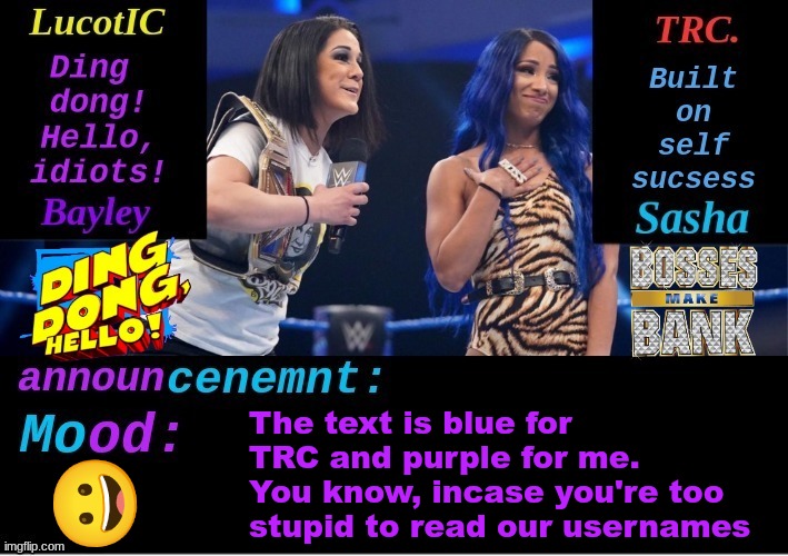 LucotIC and TRC: Boss 'n' Hug Connection DUO announcement temp | The text is blue for TRC and purple for me. You know, incase you're too stupid to read our usernames; 😀 | image tagged in lucotic and trc boss 'n' hug connection duo announcement temp | made w/ Imgflip meme maker
