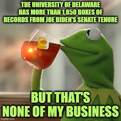 Sure Would be a Shame if Someone Did a Raid | THE UNIVERSITY OF DELAWARE HAS MORE THAN 1,850 BOXES OF RECORDS FROM JOE BIDEN’S SENATE TENURE; BUT THAT'S NONE OF MY BUSINESS | image tagged in memes,but that's none of my business,kermit the frog | made w/ Imgflip meme maker