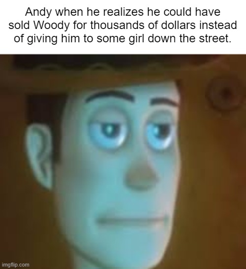 Toy story joke. |  Andy when he realizes he could have sold Woody for thousands of dollars instead of giving him to some girl down the street. | image tagged in disappointed woody,in real life,rip,childhood ruined | made w/ Imgflip meme maker