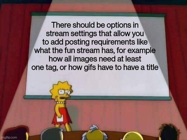 Not quite sure how it would be useful but it would be good if those settings weren't exclusive to the fun stream | There should be options in stream settings that allow you to add posting requirements like what the fun stream has, for example how all images need at least one tag, or how gifs have to have a title | image tagged in lisa simpson speech | made w/ Imgflip meme maker