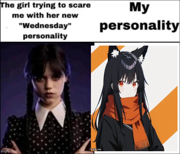 The girl trying to scare me with her new Wednesday personality | image tagged in the girl trying to scare me with her new wednesday personality | made w/ Imgflip meme maker