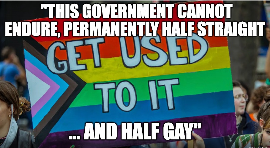 Gay vs. traight | "THIS GOVERNMENT CANNOT ENDURE, PERMANENTLY HALF STRAIGHT; ... AND HALF GAY" | made w/ Imgflip meme maker