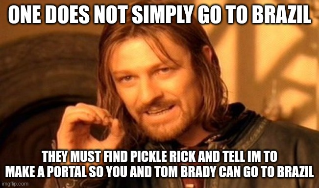 One Does Not Simply Meme | ONE DOES NOT SIMPLY GO TO BRAZIL THEY MUST FIND PICKLE RICK AND TELL IM TO MAKE A PORTAL SO YOU AND TOM BRADY CAN GO TO BRAZIL | image tagged in memes,one does not simply | made w/ Imgflip meme maker