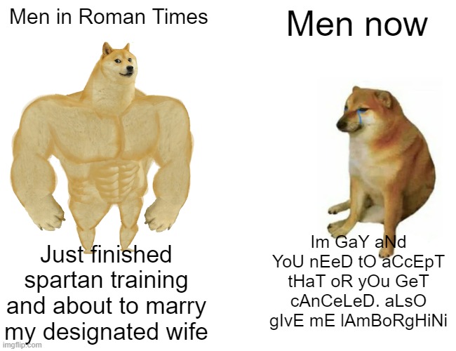 Men tbh | Men in Roman Times; Men now; Im GaY aNd YoU nEeD tO aCcEpT tHaT oR yOu GeT cAnCeLeD. aLsO gIvE mE lAmBoRgHiNi; Just finished spartan training and about to marry my designated wife | image tagged in memes,buff doge vs cheems | made w/ Imgflip meme maker