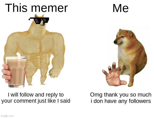 This memer Me I will follow and reply to your comment just like I said Omg thank you so much i don have any followers | image tagged in memes,buff doge vs cheems | made w/ Imgflip meme maker