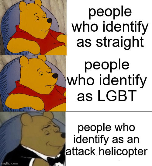 e | people who identify as straight; people who identify as LGBT; people who identify as an attack helicopter | image tagged in memes,tuxedo winnie the pooh | made w/ Imgflip meme maker