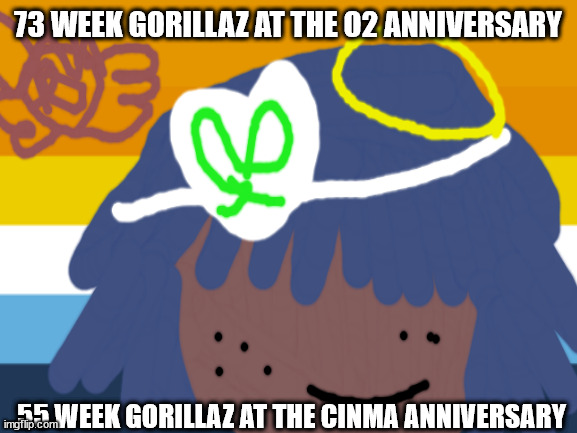 no one from gun n roses will die tomorrow | 73 WEEK GORILLAZ AT THE O2 ANNIVERSARY; 55 WEEK GORILLAZ AT THE CINMA ANNIVERSARY | image tagged in alkaline will not die this year | made w/ Imgflip meme maker