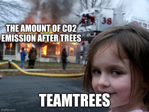 CO2 Emissions | THE AMOUNT OF CO2 EMISSION AFTER TREES; TEAMTREES | image tagged in memes,disaster girl | made w/ Imgflip meme maker