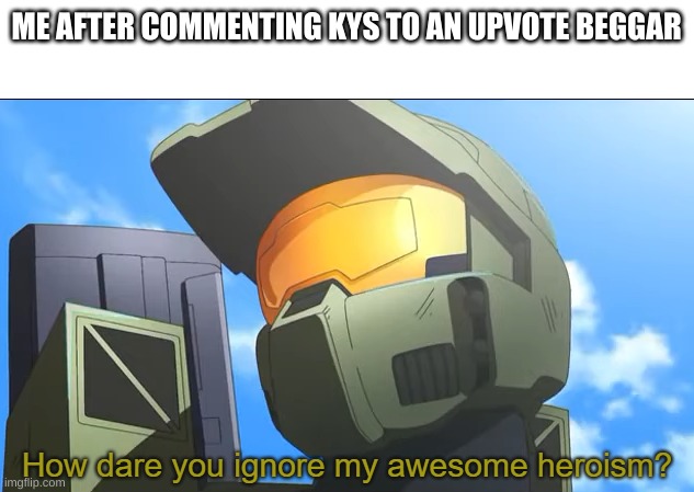 I mean, I've never really said kys. I prefer roasts and actual insults, breaking down the enemy | ME AFTER COMMENTING KYS TO AN UPVOTE BEGGAR | image tagged in how dare you ignore my awesome heroism | made w/ Imgflip meme maker