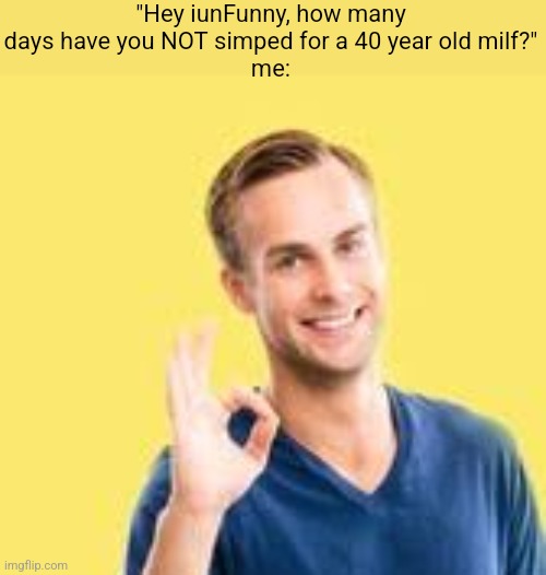 "Hey iunFunny, how many days have you NOT simped for a 40 year old milf?"
me: | made w/ Imgflip meme maker