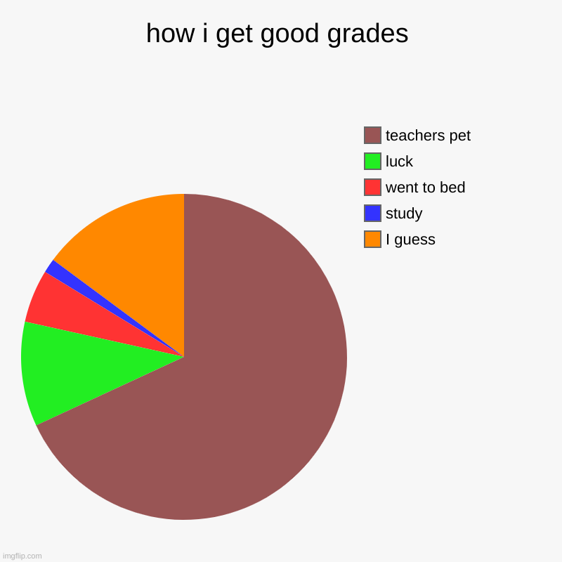 how i get good grades | I guess, study, went to bed, luck, teachers pet | image tagged in charts,pie charts | made w/ Imgflip chart maker